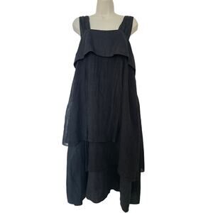 Banana Blue Australia Linen Tired Midi Dress Black Size L Lagenlook Art to Wear
